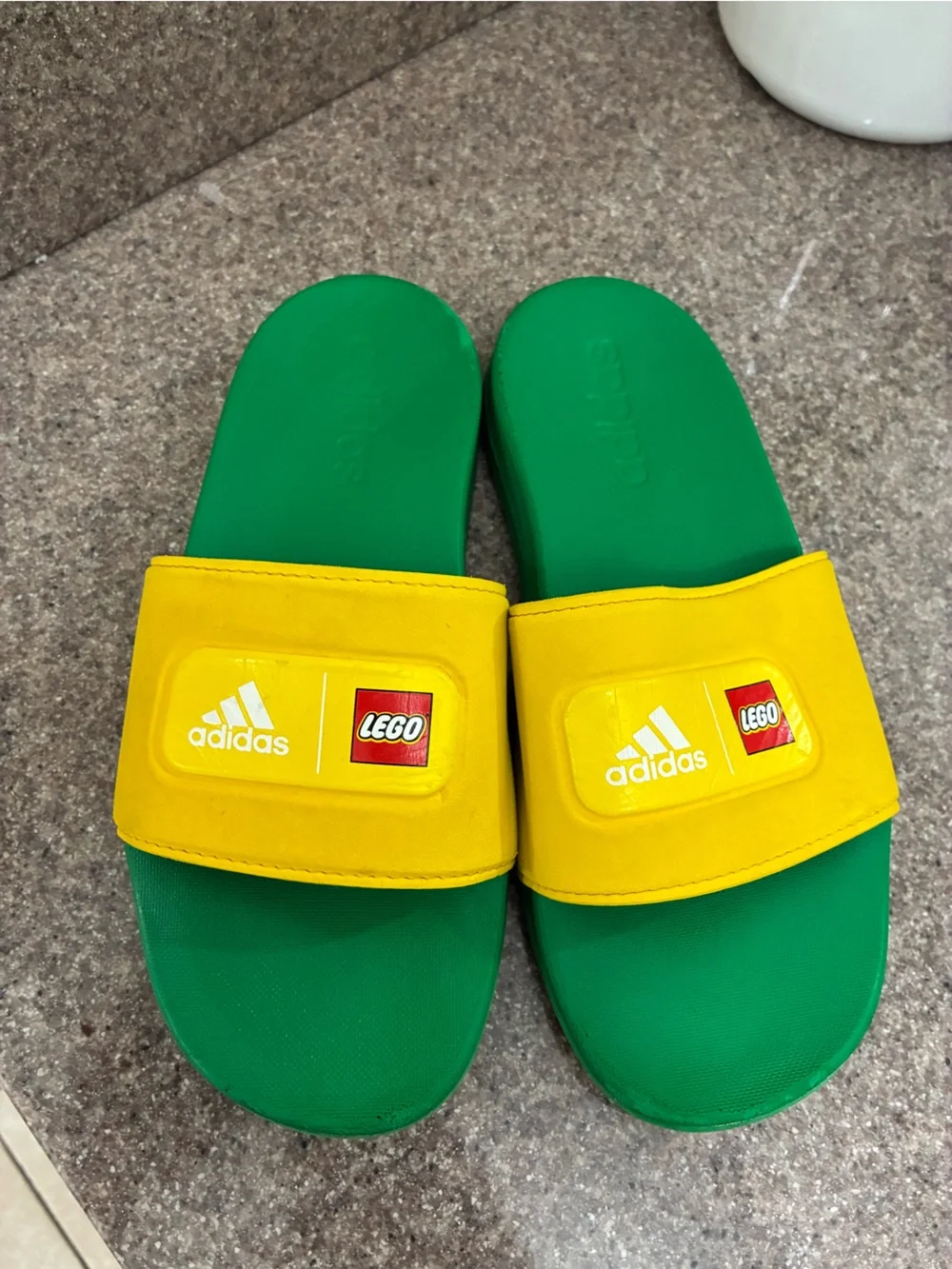 adidas Kids Green and Yellow LEGO Slide Sandals - Playful Logo Strap